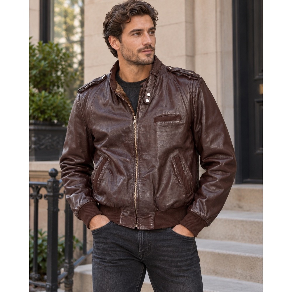 Vintage Bomber Jacket Burgundy Brown Faux Leather Fur Lined Flight Coat Mens L